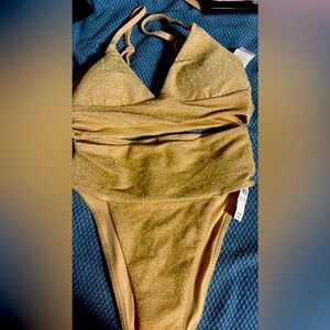 American Eagle Aerie Gold Sparkle High Cut Cheeky Bikini Swim Suit Bottoms
